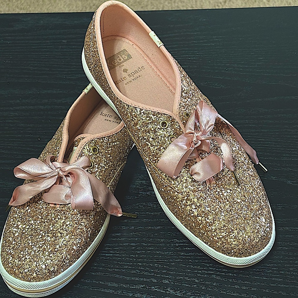 Kate Spade For Keds Gold Sparkle Pink Sneakers . Satin Laces,  Woman’s Size 8.5